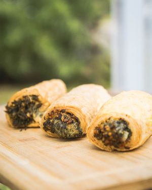 Savoury pastries pastries: spinach ricotta, sausage, three cheese jalapeño, pizza rolls. All vegan! at Canela in Calgary