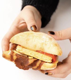 Vegan egg and bacun breakfast sandwiches   at Canela in Calgary