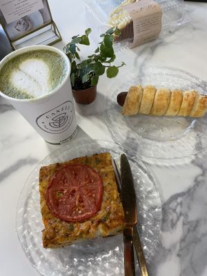 Soy Matcha Latte, Pigs in a Blanket, Frittata  at Canela in Calgary