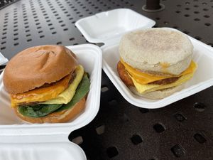 From left to right: the southwest & the spoil yourself breaky sandwiches  at Spoiled Vegans Cafe in San Diego