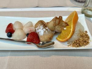 Vegan dessert: fruit, baked banana and some sticky rice at Thong Thai in Wemeldinge