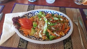 Pad Sie Eeuw: stir-fried rice noodles with broccoli, cabbage and carrot in a sweet souly sauce. Order without egg for it to be vegan. at Thong Thai in Wemeldinge