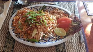 Pad Thai: stir-fried rice noodles es with carrot, cabbage, leek, bean sprouts and spring onion in a tamarind sauce. Order without egg for it to be vegan. at Thong Thai in Wemeldinge