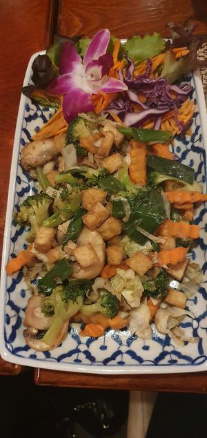 Vegan main dish, vegetables with tofu and a garlic-soy-sauce. christmas 2019. at Thong Thai in Wemeldinge