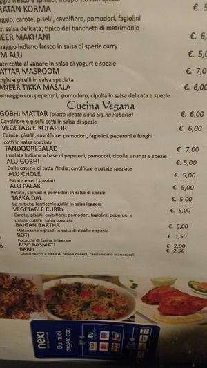 Vegan menu (Italian) at Namaste in Pisa