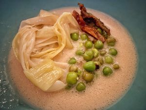 So delicious. Confit leek, local peas, rhubarb turkey - I forget what the sauce was   at Alice in Ottawa