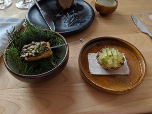 Left: vegan celery yakitori
Right: Sunflower and anise butter tart/compressed green apple & jalapeño/tarragon
 at Alice in Ottawa