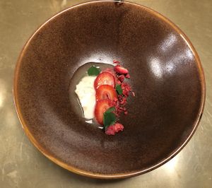 Tofu elderflower strawberries  at Alice in Ottawa