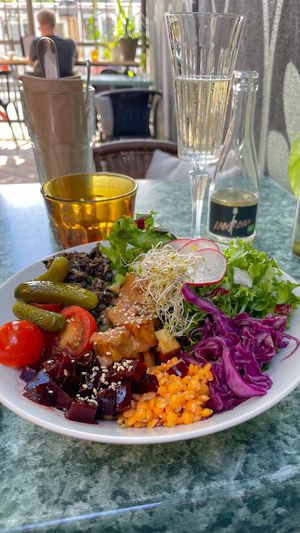 Tofu bowl with rhubarb sparkling wine   at Rohe in Tallinn