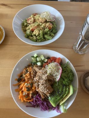 Pesto pasta and chicken sushi rice dish  at Rohe in Tallinn