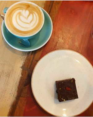 Brownie and oat latte at The Thirsty Elephant  in Pontyclun