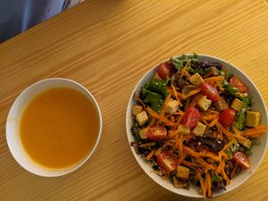 Carrot soup and salad at Club Life in Porto