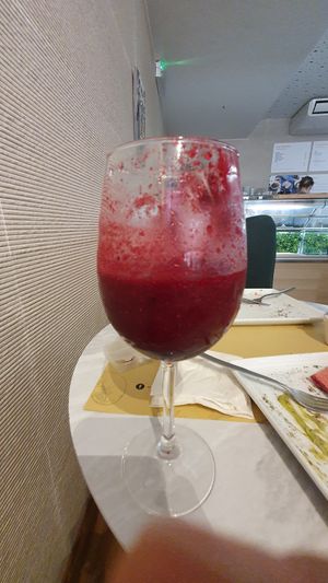 Pink smoothie, beets, berries, banana, chia seed and lemon at Club Life in Porto