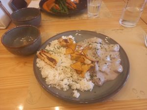 I finished the salad and ate some of the chips before taking the photo of the stroganoff 😄 at Club Life in Porto