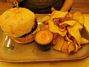 Bean burger with sweet potato chips at Club Life in Porto