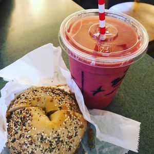 Everything Bagel with PNB & fruit smoothie  at Pearl Street Bagels in Jackson