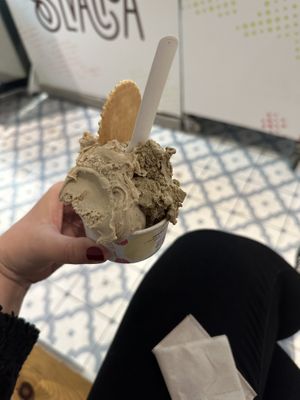 Pistachio and hazelnut and the wafer cookie and cones are vegan too!   at Selvática in Barcelona