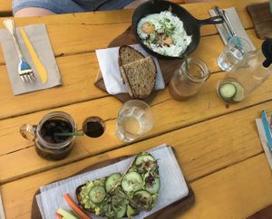 Vegan avocado toast, delicious coffee at Jus Organic in Highlands