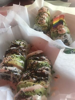 “Michigander Roll” in front and “This is How We California Roll” in back at Rad.ish Street Food in Williamsburg
