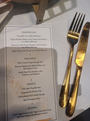 Menu of the vegan afternoon tea (August 2022) at Warner Bros. Studio Tour in Watford
