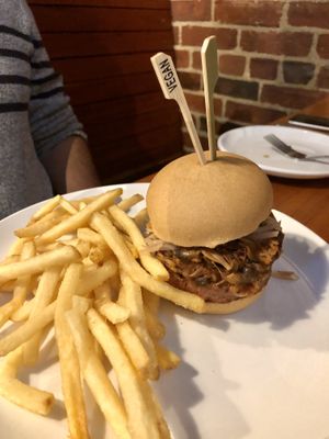 Deweys Beyond Burger w/ jackfruit pulled pork  at Three Dollar Deweys in Portland