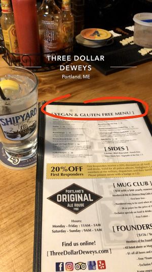 Vegan section on menu! at Three Dollar Deweys in Portland