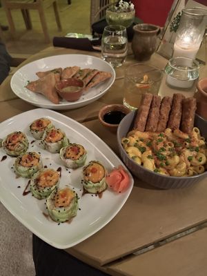 Sushi, Mac and cheese, wontons  at Once:Once in Antigua