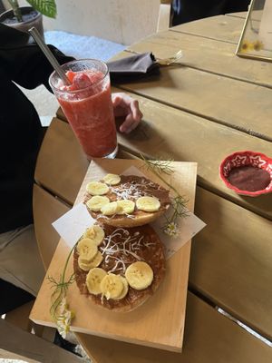 Bagel peanut butter, jam and banana   at Once:Once in Antigua