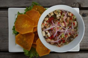 Peruvian ceviche with mushrooms and white beans accompanied with homemade sweet potato chips.  at Once:Once in Antigua