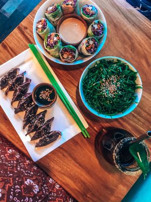 Dumplings, fresh spring rolls and salad at Once:Once in Antigua