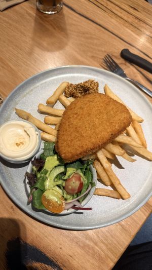 Vegan schnitzel, chips, salad and vegan aoili   at Clancy's Bistro in Jindabyne