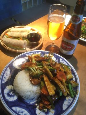 Fried spring rolls and Curry wok  at Eatnam in Stockholm