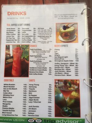 Menu July 2019 at Lazy Bar in Koh Tao