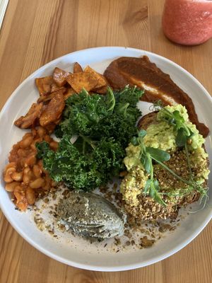 Avo toast, beans, sweet potato, kale, chutney & hummus at Little Black Pug in Mount Gravatt