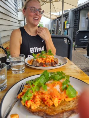 Caroline enjoying breakfast after a running at Little Black Pug in Mount Gravatt