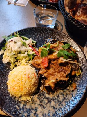 Aubergine and rice for lunch. at Mowglis Kok  in Stockholm