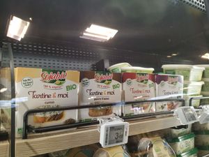 Vegan cream cheese in the fridge at Carrefour City in Levallois-perret