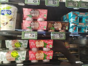 vegan yogurts in the fridge at Carrefour City in Levallois-perret
