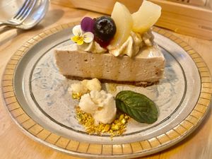 Raw cashew, pear & potted strawberry tart with lemon verbena sorbet at Chidakasha Skye in Isle Of Skye