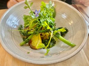 Croft kale sprout with roasted new potato, butterbean hummus, mizuna tapenade & toasted hemp seed at Chidakasha Skye in Isle Of Skye