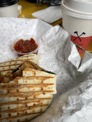 Vegan grilled burrito, and almond - coconut milk … delicious , fast friendly service.   at Honest Coffee Roasters in Franklin