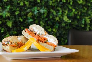 Smoked carrot Lox bagel at Honest Coffee Roasters in Franklin