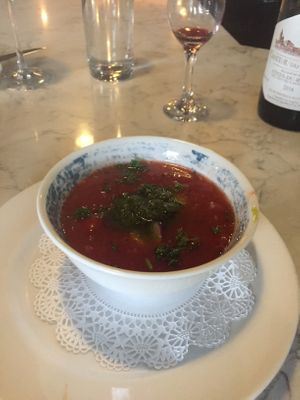 Watermelon gazpacho (cool soup) at Rezaz in Asheville