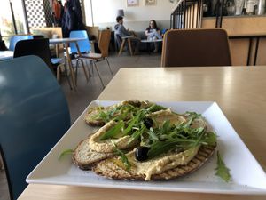 Hummus on bread at Miło bistro in Warsaw