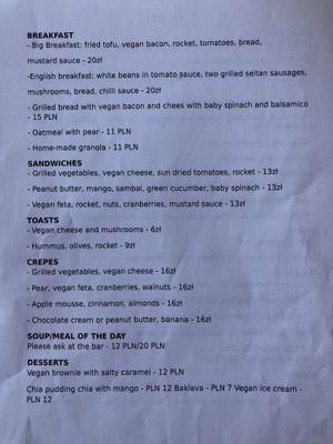 Sample menu at Miło bistro in Warsaw