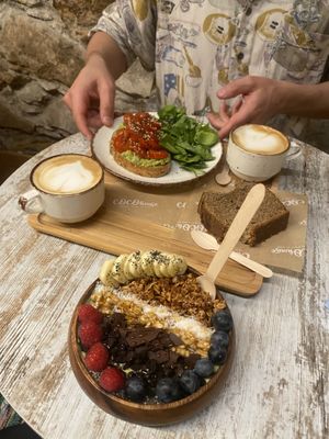 Avocado toast, Avocado&Coco bowl, banana bread and coffee with oatmilk!  at Coco House in Barcelona