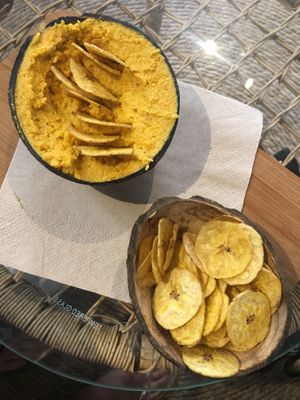 Hummus with Banana Chips at Coco House in Barcelona