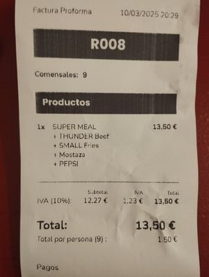 Bill for a combo at Thunder Vegan - Malasaña in Madrid