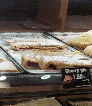 Cherry pie on display at Mamma Mia in Kotor