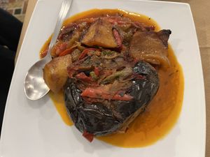 Stuffed aubergine with onions and peppers  at Boulamatsis in Naxos